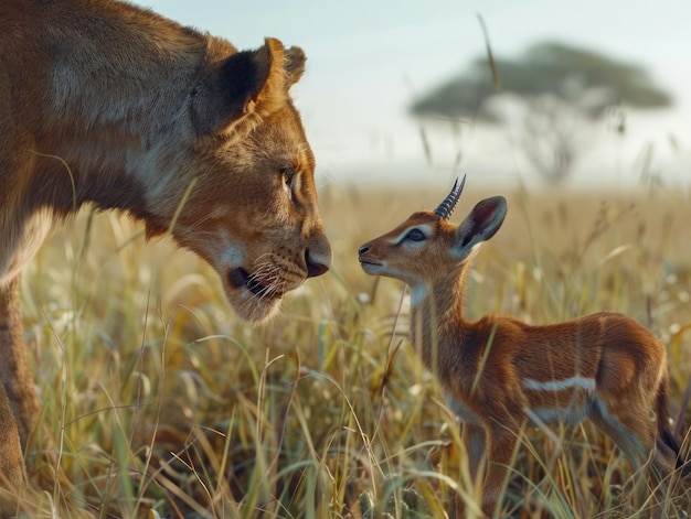 Maestosa leonessa che interagisce con gentilezza con una giovane antilope in un sereno paesaggio di savana al tramonto