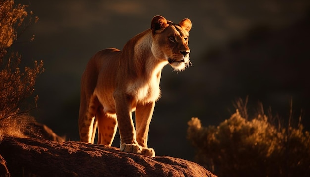 Maestosa leonessa in piedi nella savana vigilanza nei suoi occhi generati dall'intelligenza artificiale