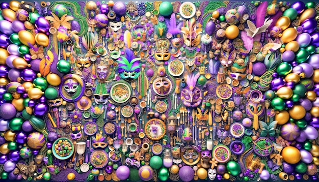 Maestosa maschera di Mardi Gras in mezzo a un tesoro di ornamenti festivi