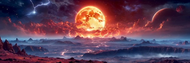 Maestosa scena extraterrestre, gigantesca luna infuocata che sorge su una nebbiosa valle di montagna nel cielo nuvoloso notturno