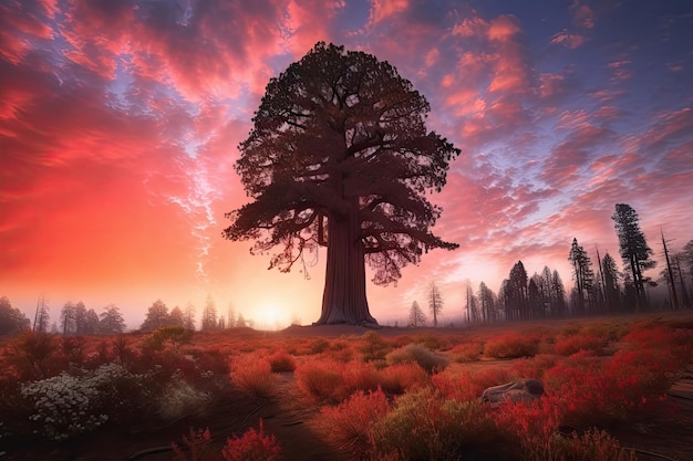 Maestosa sequoia con alba circondata da un cielo colorato