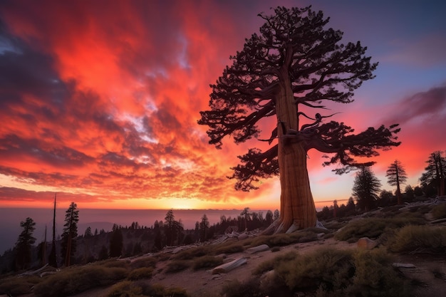 Maestosa sequoia con alba circondata da un cielo colorato