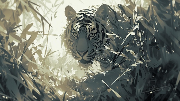 Maestosa tigre selvaggia giungla lussureggiante fotocamera DSLR teleobiettivo orario d'oro fotografia della fauna selvatica