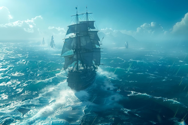 Maestosa vecchia nave a vela che sfida i mari turchesi in mezzo a una mistica nebbia e ai raggi del sole