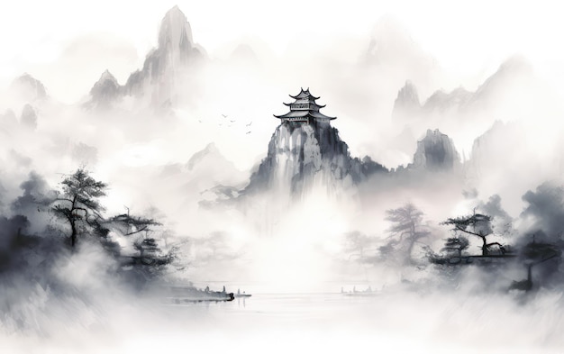 Maestosa vetta di montagna cinese con un antico tempio avvolto nella nebbia illustrazione di pittura cinese