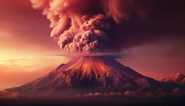 Maestosa vetta di montagna in eruzione cielo in fiamme con un tramonto di fuoco generato da intelligenza artificiale
