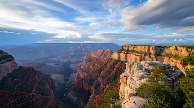 Maestosa vista del Grand Canyon al tramonto vaste scogliere arancioni e profonde valli paesaggi panoramici fotografia AI