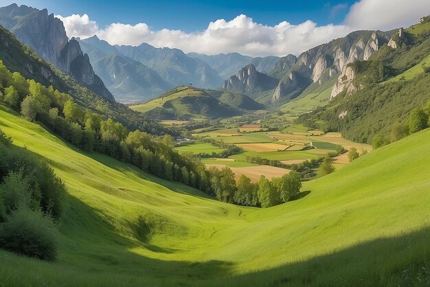 Maestosa vista di una bellissima valle verde lussureggiante con alberi e erba colorata contro pittoresche alte montagne nelle Asturie in Spagna