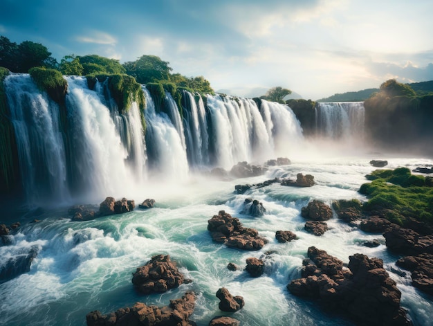 Maestose cascate che cadono in cascata in un fiume turbolento con una vegetazione lussureggiante su uno sfondo illuminato dal sole che rappresenta la grandezza della natura