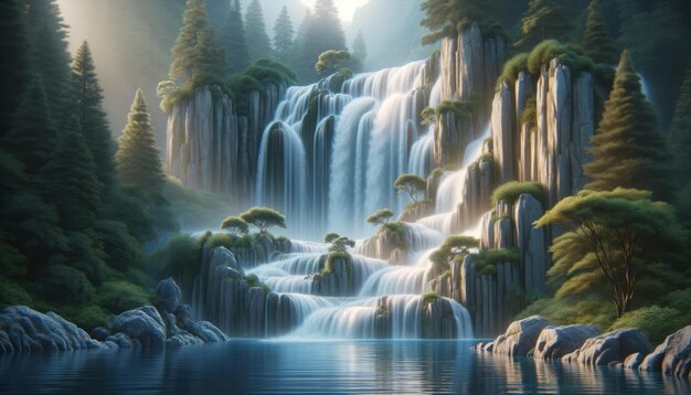 Maestose cascate che cadono in cascata in un sereno lago circondato da alberi lussureggianti raffigurati in uno stile fotorealistico contro uno sfondo di foresta nebbiosa concetto di natura intatta Generativa AI