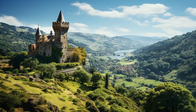 Maestose catene montuose, antiche rovine e vigneti creano una bellezza panoramica generata dall'AI