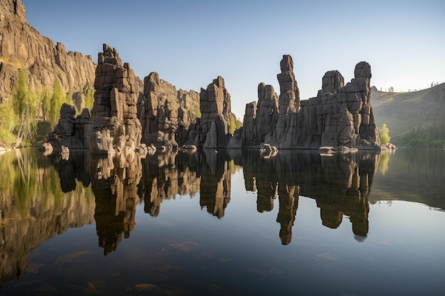 Maestose formazioni rocciose che sovrastano il tranquillo lago creato con l'IA generativa