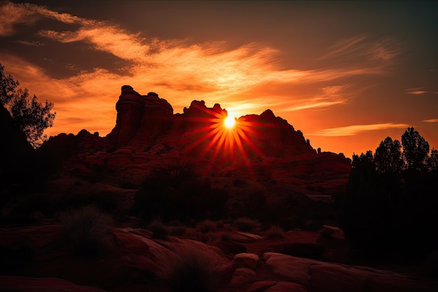 Maestose formazioni rocciose rosse che si stagliano contro il cielo dell'alba create con l'IA generativa