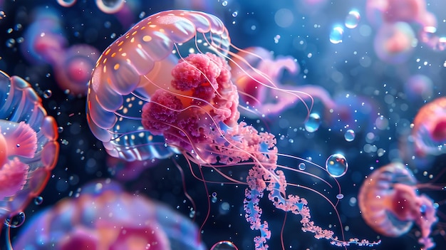 Maestose meduse che danzano sott'acqua mostrano la vita marina vivida nell'oceano blu profondo fotografia della natura per l'AI di decorazione