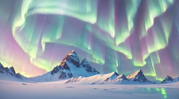 Maestose montagne innevate e colorato cielo aurora