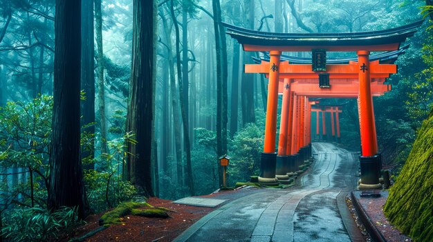 Maestose porte Torii tradizionali in mezzo a un sentiero boschivo nebbioso nel tranquillo paesaggio giapponese