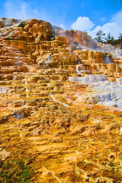 Maestose terrazze di sorgenti termali in pietra gialla in inverno