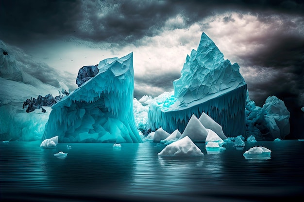 Maestosi iceberg galleggianti incrinati sullo sfondo dell'oceano scuro e del cielo cupo