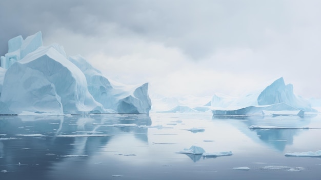 Maestosi iceberg luccicanti in un paesaggio polare che ritraggono la bellezza incontaminata e il minimalismo dei terreni ghiacciati