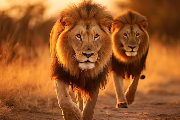 Maestosi leoni che vagano liberamente sulle savane dorate bagnate dai caldi colori del sole che tramonta mostrando il comportamento regale e l'unità dell'orgoglio 39