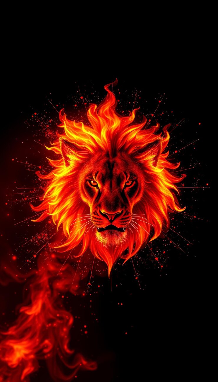 Maestosi leoni con la testa fiammeggiante di energia ardente in una affascinante dimostrazione di potenza e intensità