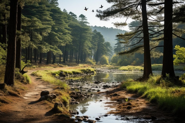 Maestosi pini ospitano la fauna selvatica in armonia generativa IA