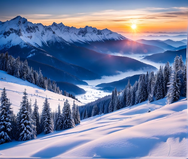 Maestoso alba nel paesaggio invernale delle montagne