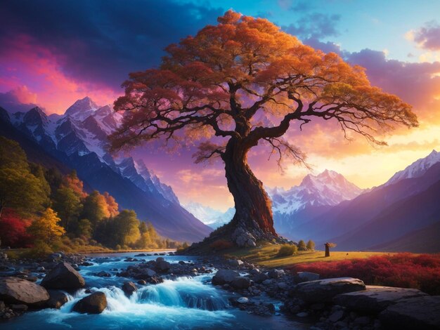 Maestoso albero che è la fonte di incredibile luce montagne e un fiume