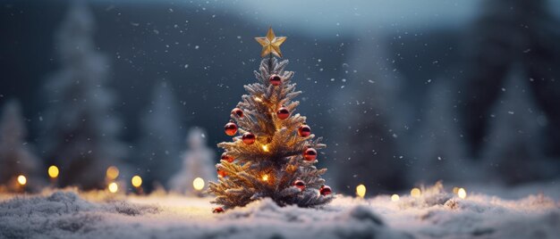 Maestoso albero di Natale adornato con ornamenti colorati in un paese delle meraviglie innevato AI Generative