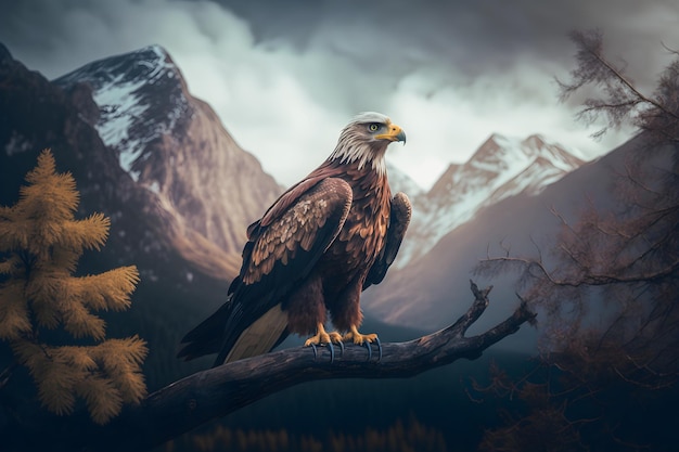 Maestoso Aquila simbolo di libertà e forza in un paesaggio montano panoramico con cielo blu chiaro