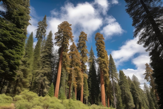 Maestoso boschetto di sequoie con cielo azzurro e soffici nuvole sopra