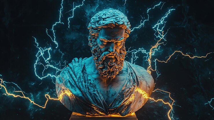 Foto maestoso busto in marmo di zeus adornato con vene d'oro e effetti luminosi di fulmini