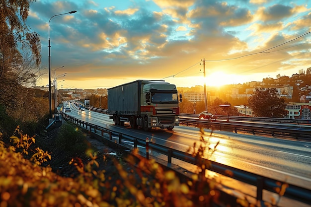 Maestoso camion che sfreccia lungo la strada aperta creato con la tecnologia dell'intelligenza artificiale generativa