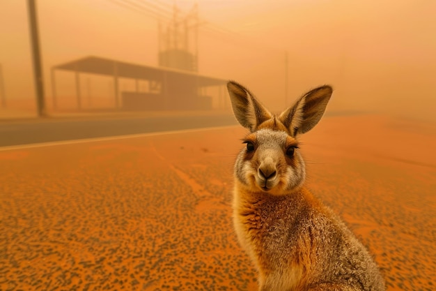 Maestoso canguro in piedi su un terreno arido con una nebbia arancione di fumo di incendi boschivi sotto un cielo nebbioso