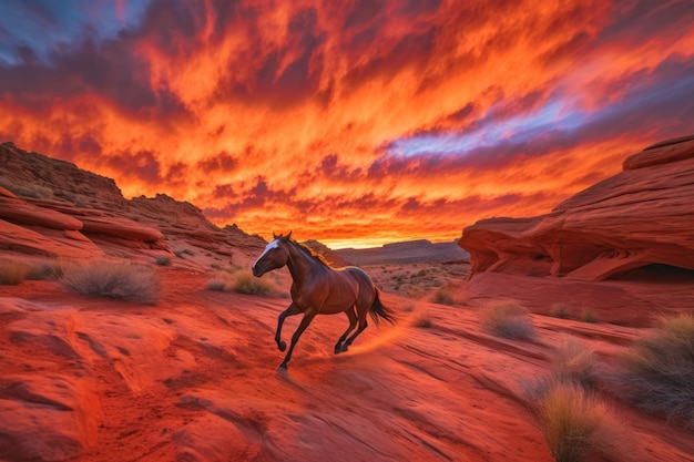 Maestoso cavallo che corre attraverso il tramonto infuocato del canyon creato con l'IA generativa