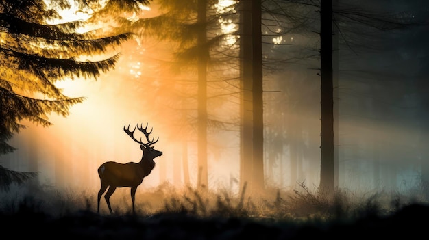 Maestoso cervo in piedi orgoglioso in mezzo alla foresta lussureggiante