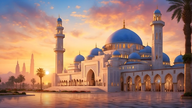 Maestoso dipinto di una grande moschea al tramonto che mostra intricati dettagli architettonici