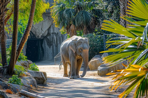 Maestoso elefante adulto che passeggia nell'habitat di uno zoo tropicale illuminato dal sole e circondato da un verde rigoglioso
