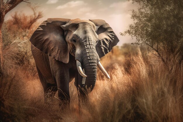 Maestoso elefante africano che guida il gregge nella savana generativa IA