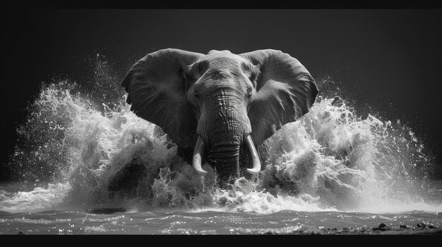 Maestoso elefante catturato in dinamiche spruzze d'acqua stupefacente ritratto in bianco e nero della fauna selvatica