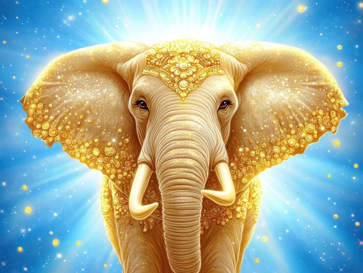 Maestoso elefante d'oro adornato di gioielli su uno sfondo blu celeste