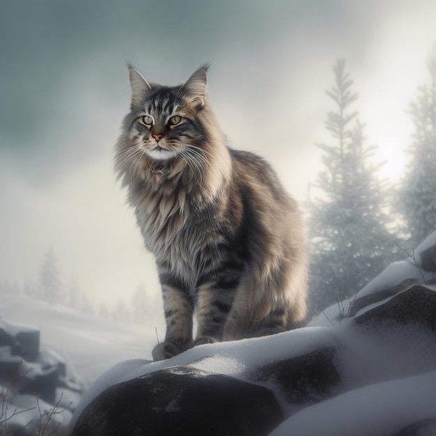 Maestoso gatto delle foreste norvegesi sulla roccia innevata
