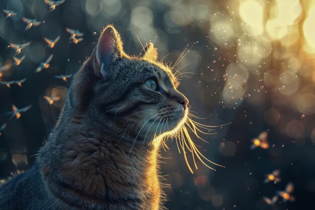 Maestoso gatto domestico che guarda il tramonto circondato da semi galleggianti nella luce dell'ora d'oro