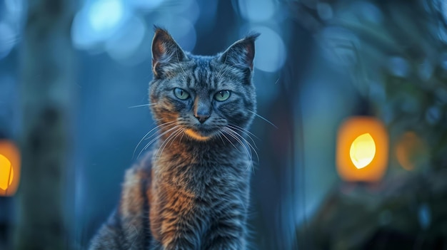 Maestoso gatto tabby che fissa attentamente in una foresta mistica con morbide luci serali