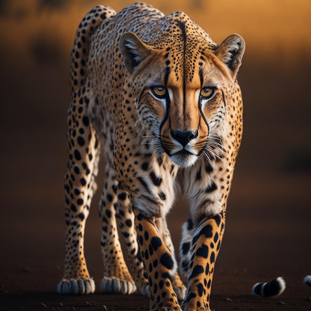 Maestoso ghepardo che cammina nella savana allerta nei suoi occhi generati da