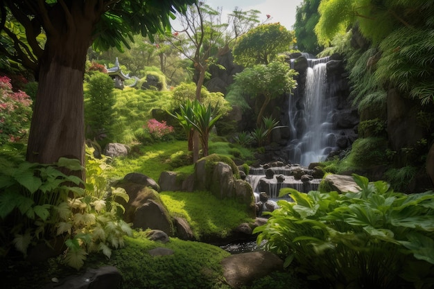 Maestoso giardino con maestosa cascata circondata da una vegetazione lussureggiante