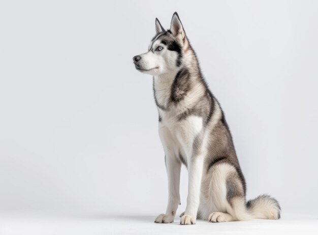 Maestoso Husky siberiano con capelli spessi seduto di profilo su uno sfondo bianco