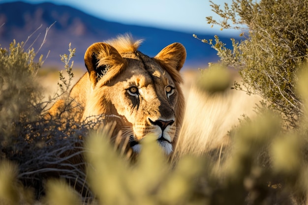 Maestoso leone in modalità caccia che attende pazientemente la preda sull'IA generativa della savana