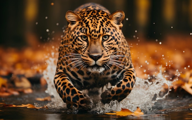 Maestoso leopardo che corre verso gli schizzi della fotocamera