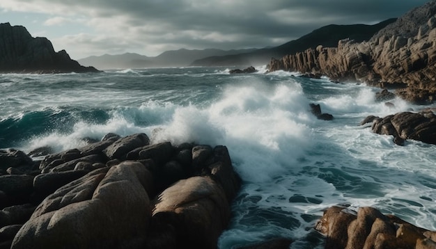 Maestoso orizzonte sull'acqua che infrange lo spruzzo d'onda generato dall'intelligenza artificiale